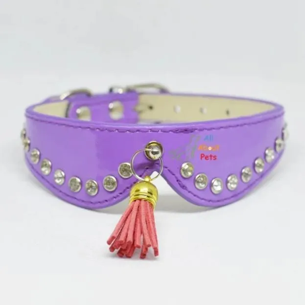 Pet Leather Collar With Crystals & Tassel