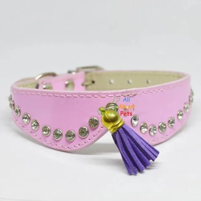 Pet Leather Collar With Crystals & Tassel