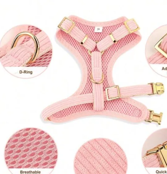Pink & Gold Velour Bow 3 Piece Pet Dog & Cat Harness, Collar & Leash Set