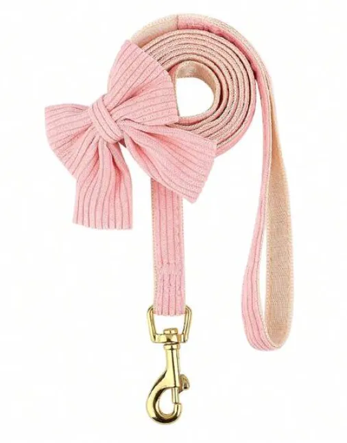 Pink & Gold Velour Bow 3 Piece Pet Dog & Cat Harness, Collar & Leash Set
