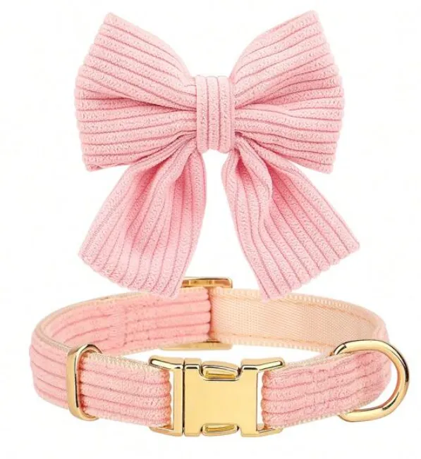 Pink & Gold Velour Bow 3 Piece Pet Dog & Cat Harness, Collar & Leash Set