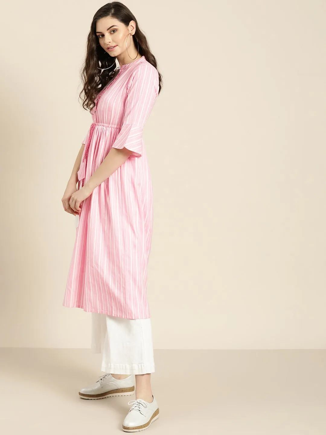 Pink Stripes Drawstring Kurta