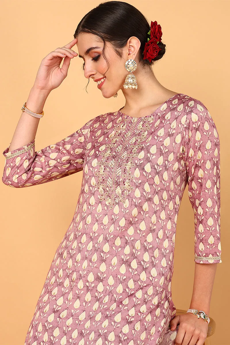 Plus Size Mauve Silk Blend Ethnic Motifs Printed Straight Suit Set