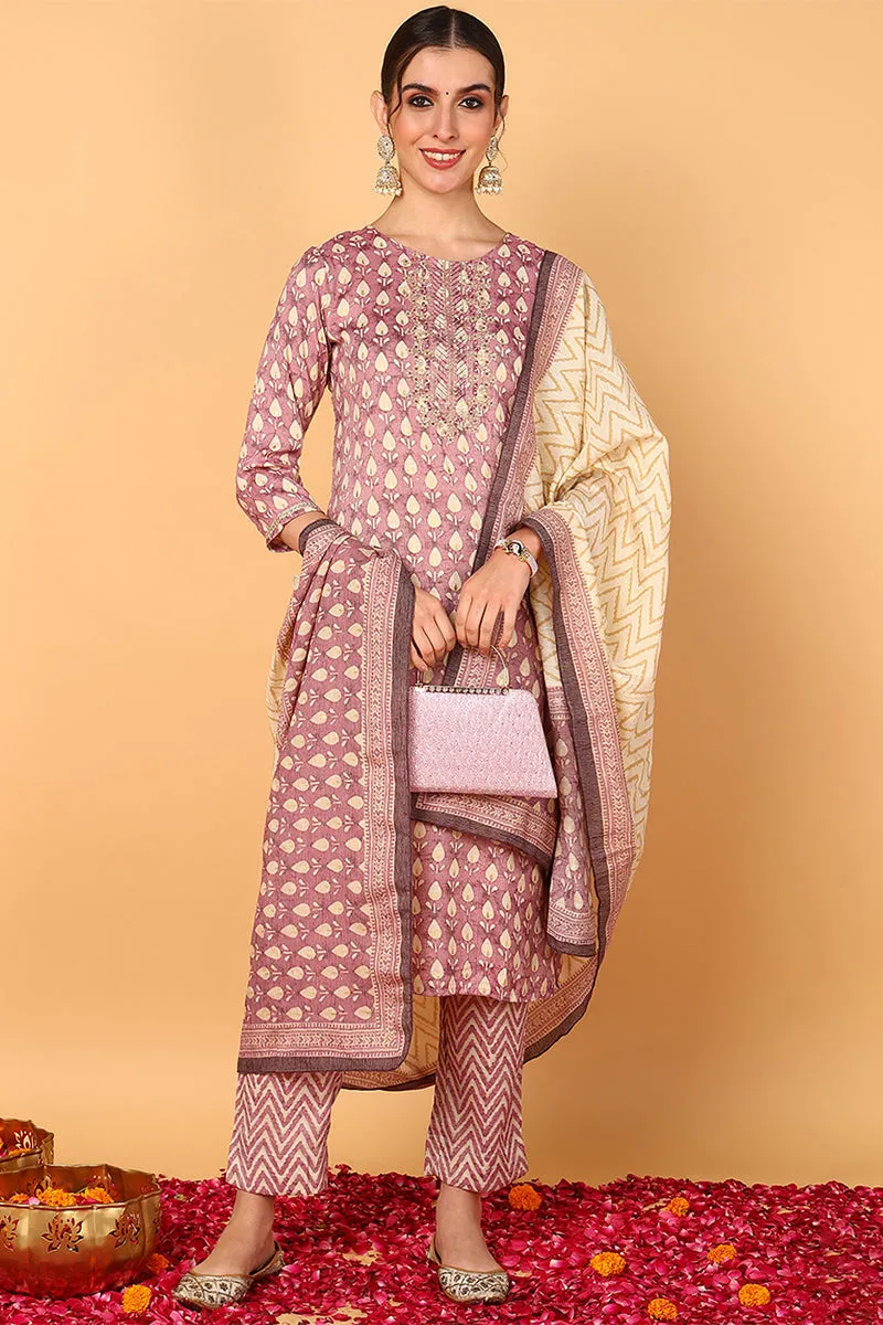 Plus Size Mauve Silk Blend Ethnic Motifs Printed Straight Suit Set