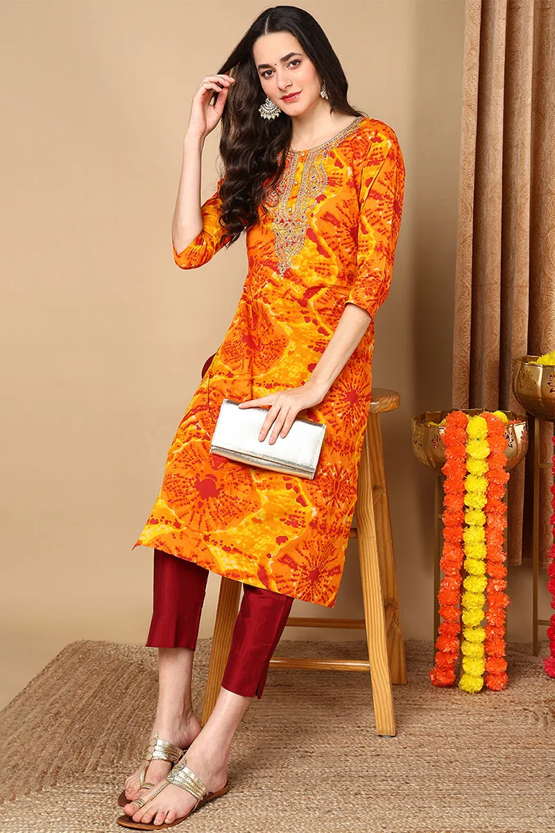 Plus Size Orange Viscose Rayon Abstract Printed Straight Kurta