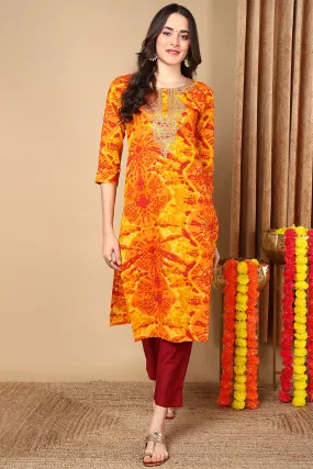 Plus Size Orange Viscose Rayon Abstract Printed Straight Kurta