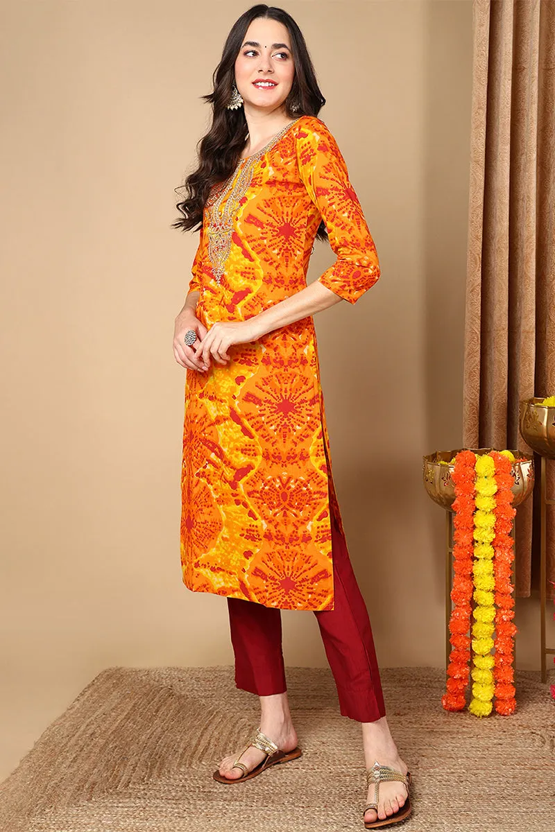 Plus Size Orange Viscose Rayon Abstract Printed Straight Kurta