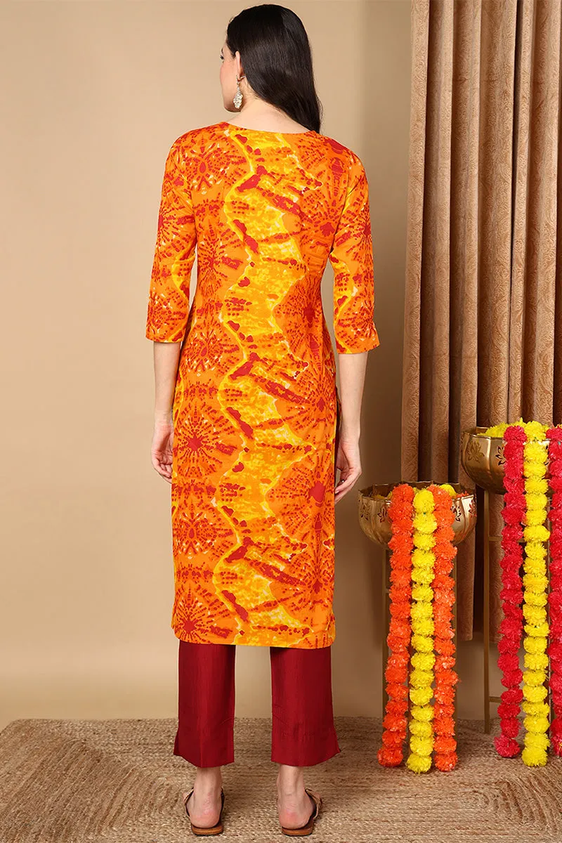 Plus Size Orange Viscose Rayon Abstract Printed Straight Kurta