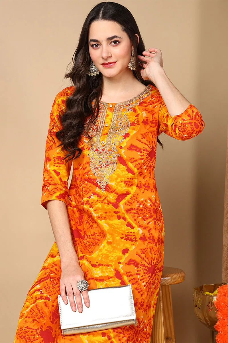 Plus Size Orange Viscose Rayon Abstract Printed Straight Kurta