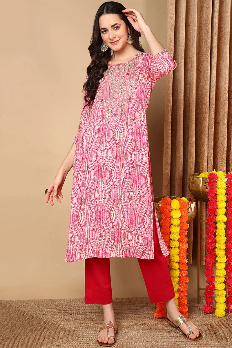 Plus Size Pink Viscose Rayon Abstract Printed Straight Kurta
