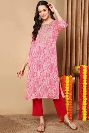 Plus Size Pink Viscose Rayon Abstract Printed Straight Kurta