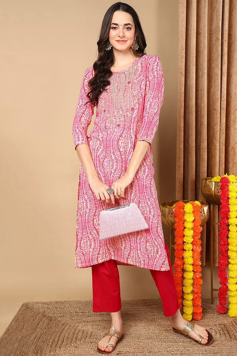 Plus Size Pink Viscose Rayon Abstract Printed Straight Kurta