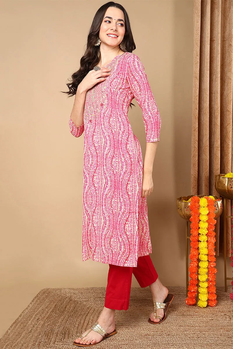 Plus Size Pink Viscose Rayon Abstract Printed Straight Kurta