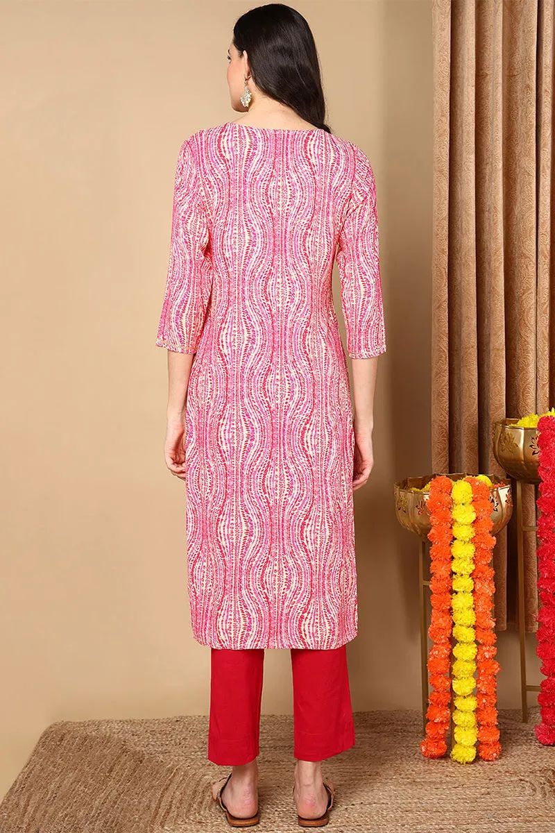Plus Size Pink Viscose Rayon Abstract Printed Straight Kurta
