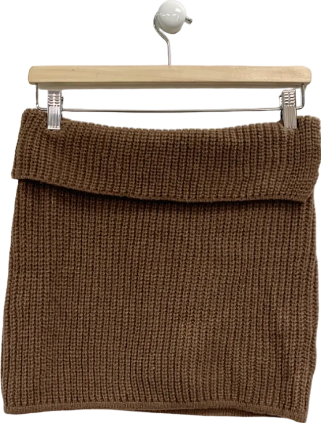 Pretty Little Thing Brown Chunky Knit Fold Over Mini Skirt M