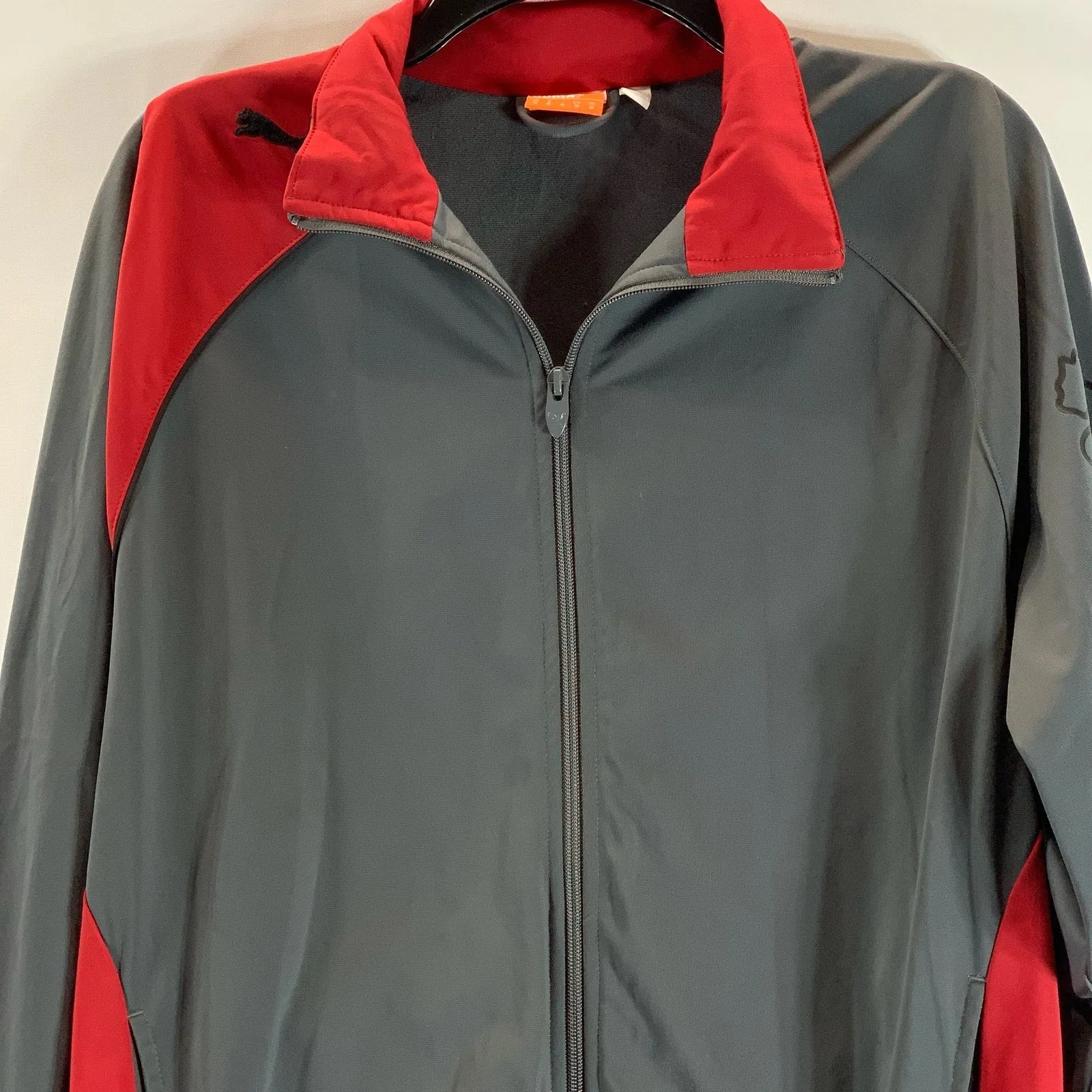 PUMA Men's Gray/Red Sport Lifestyle Regular-Fit Zip-Up Track Jacket SZ M