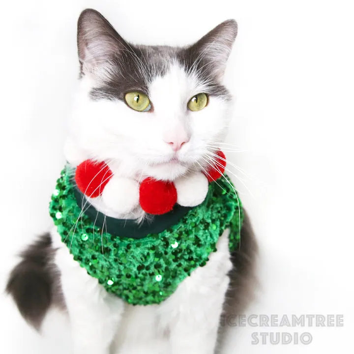 Red White PomPom Necklace - Elastic Pet Collar