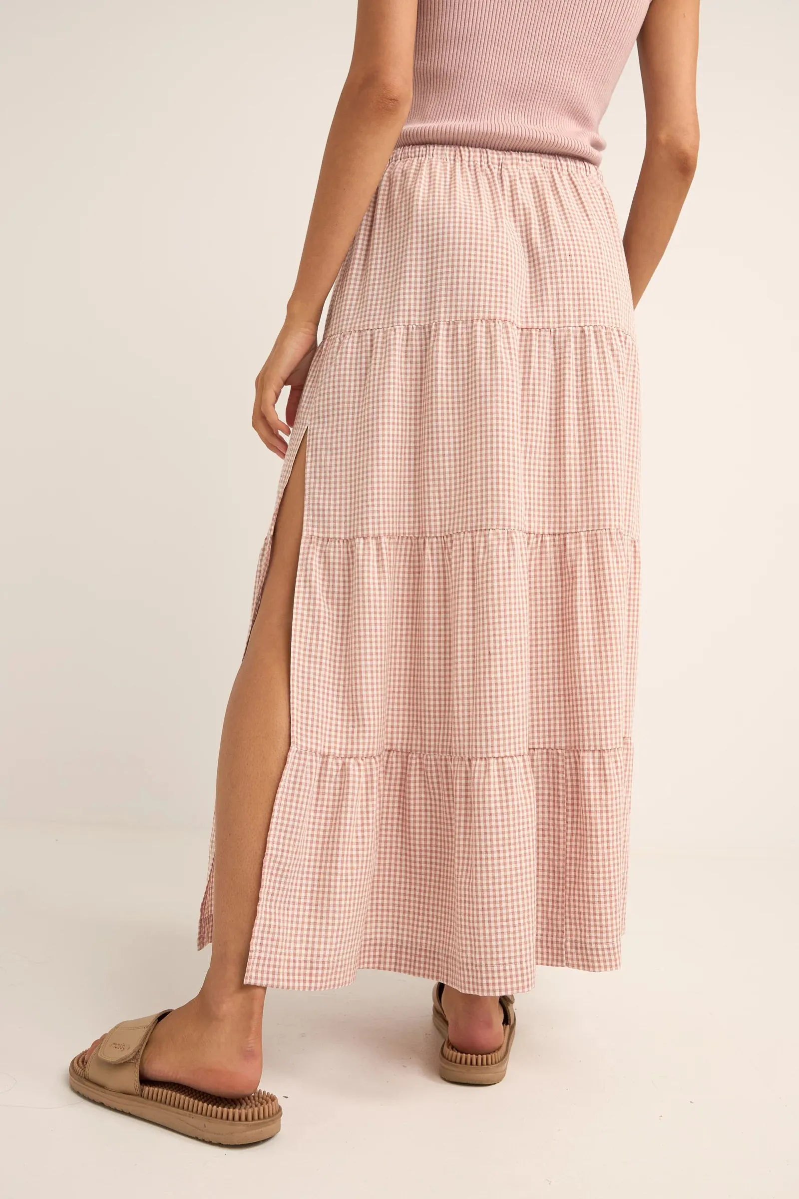 RHYTHM Lola Check Tiered Maxi Skirt - Dusty Pink