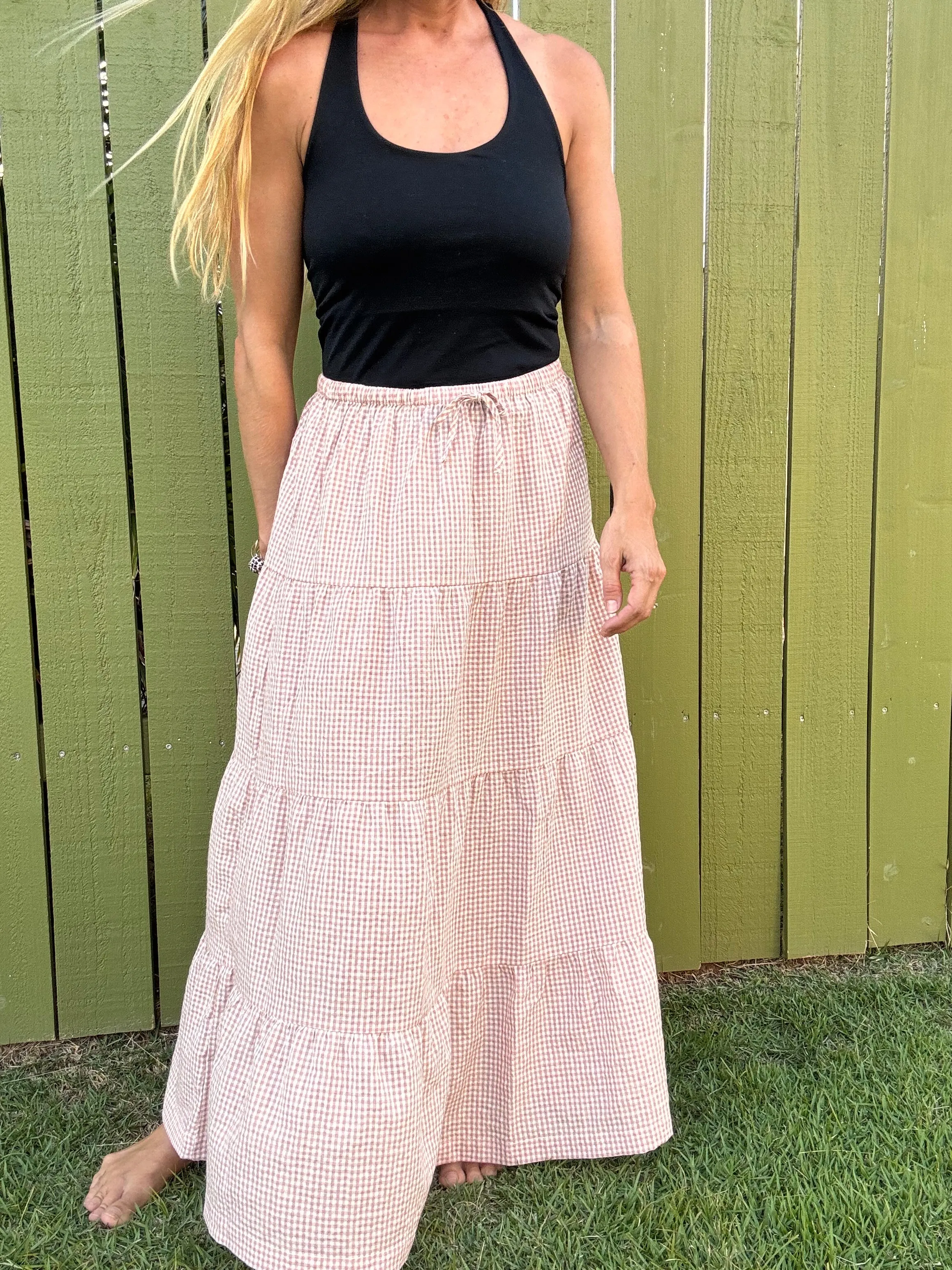 RHYTHM Lola Check Tiered Maxi Skirt - Dusty Pink