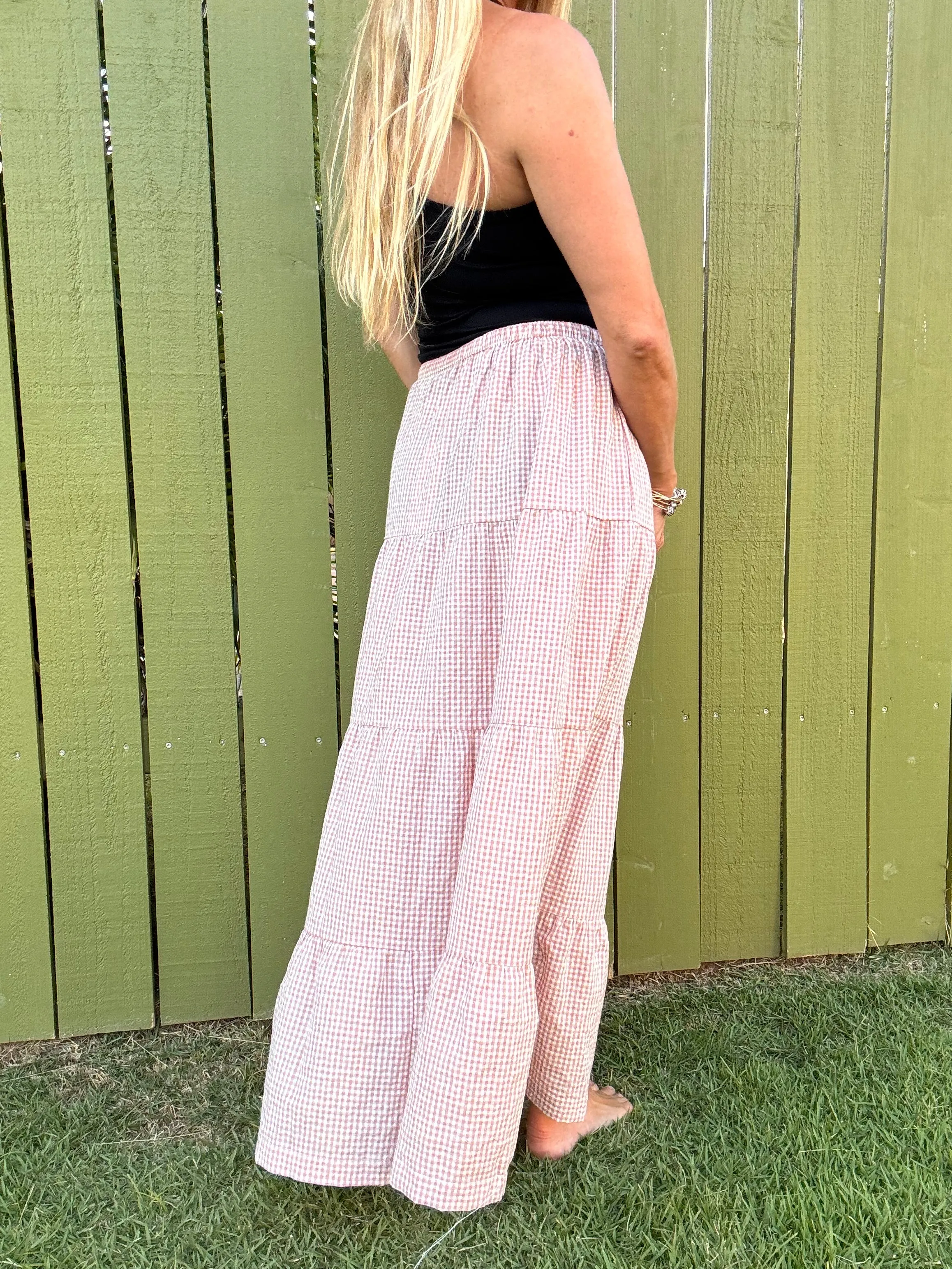 RHYTHM Lola Check Tiered Maxi Skirt - Dusty Pink