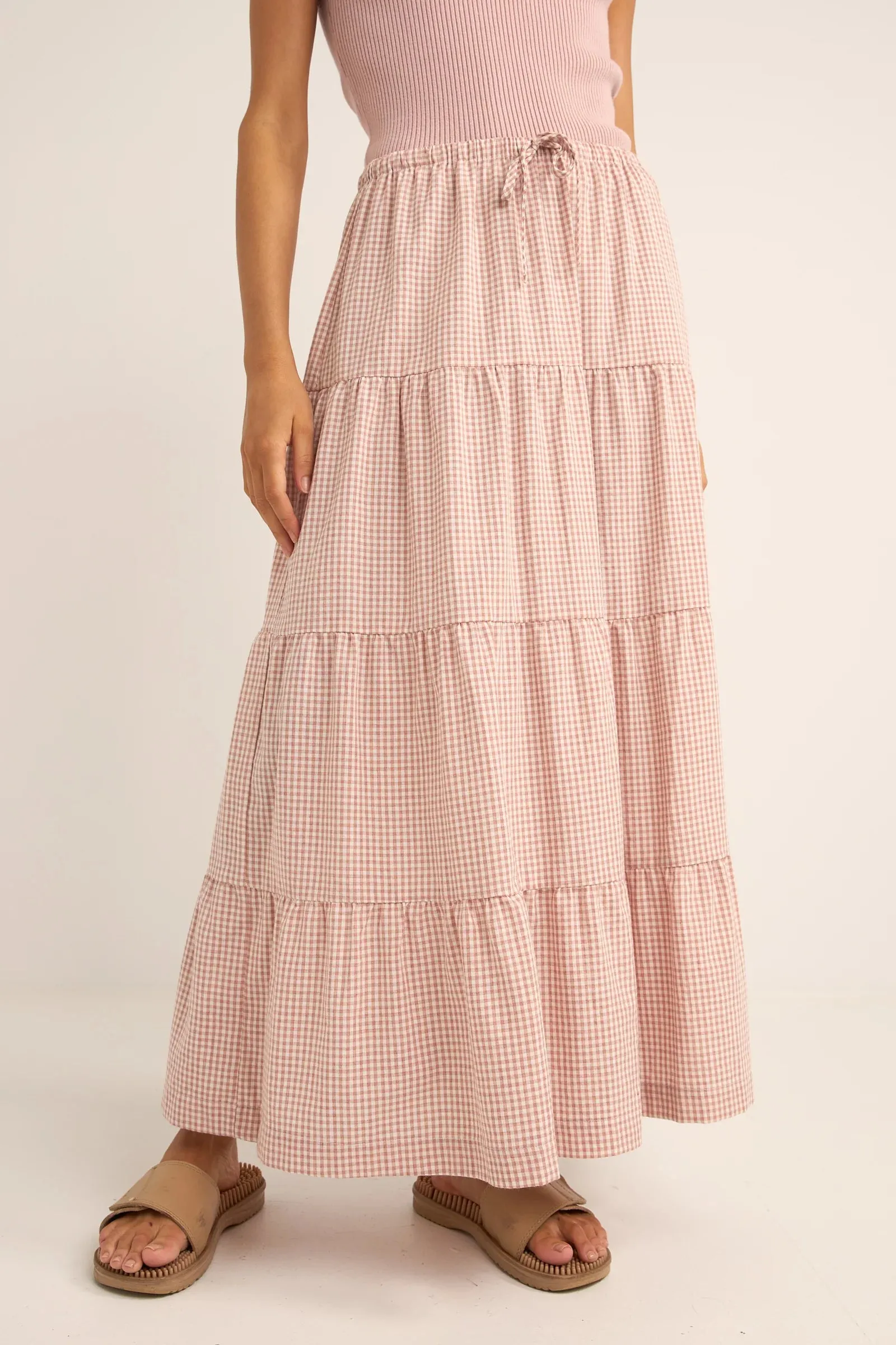RHYTHM Lola Check Tiered Maxi Skirt - Dusty Pink