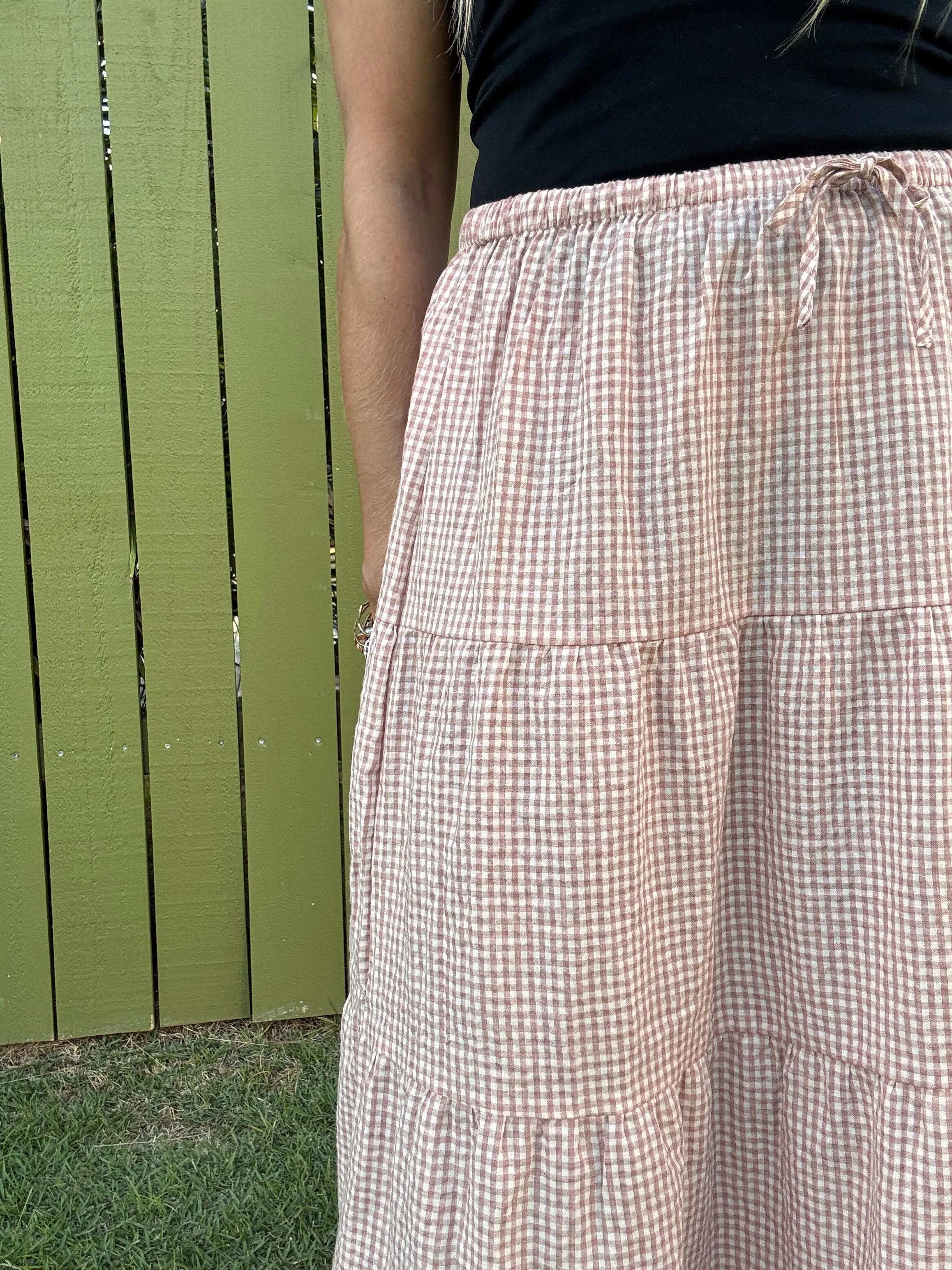 RHYTHM Lola Check Tiered Maxi Skirt - Dusty Pink