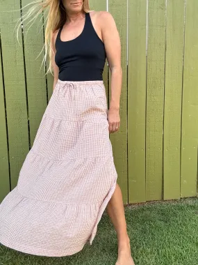 RHYTHM Lola Check Tiered Maxi Skirt - Dusty Pink