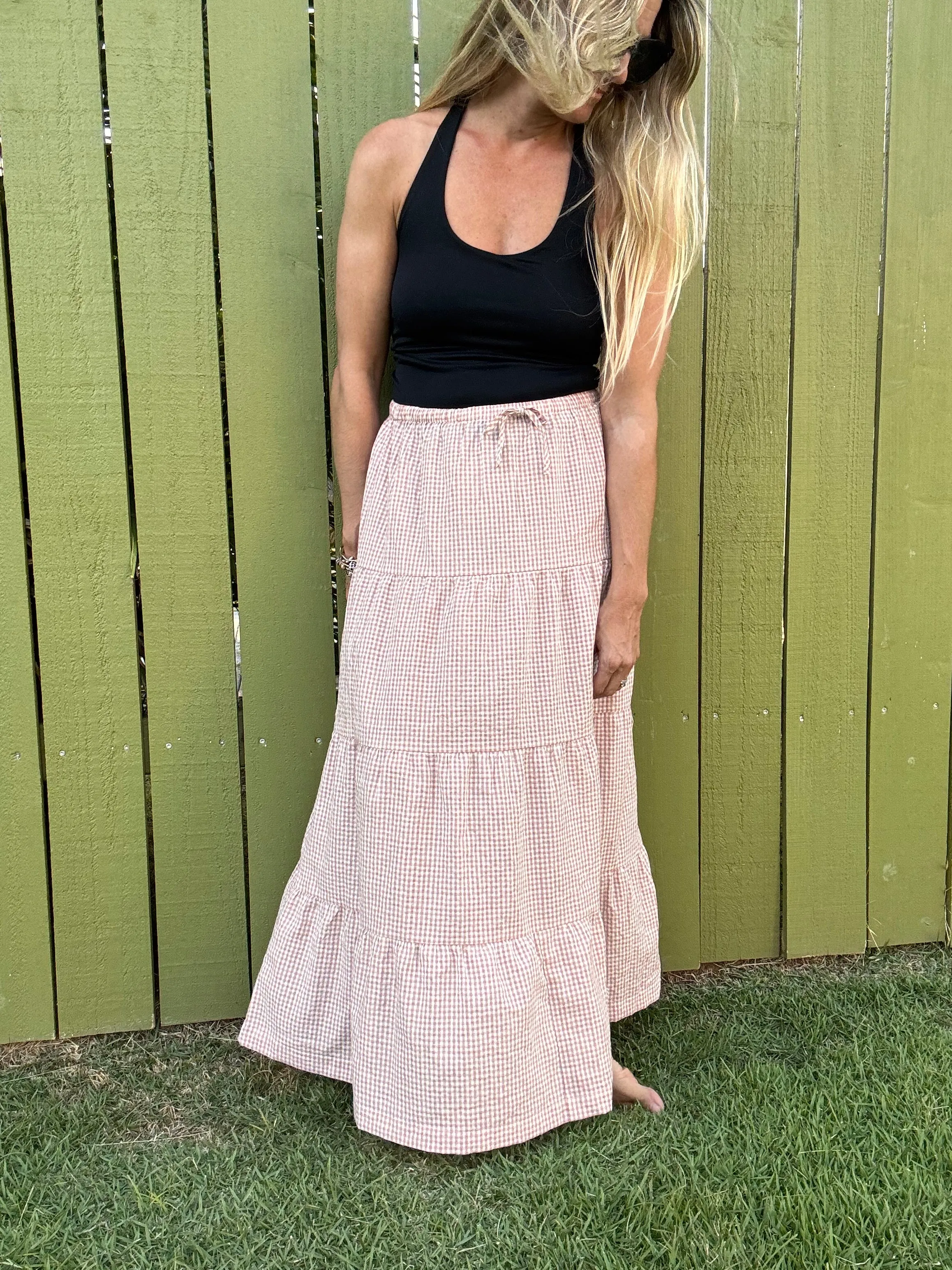 RHYTHM Lola Check Tiered Maxi Skirt - Dusty Pink