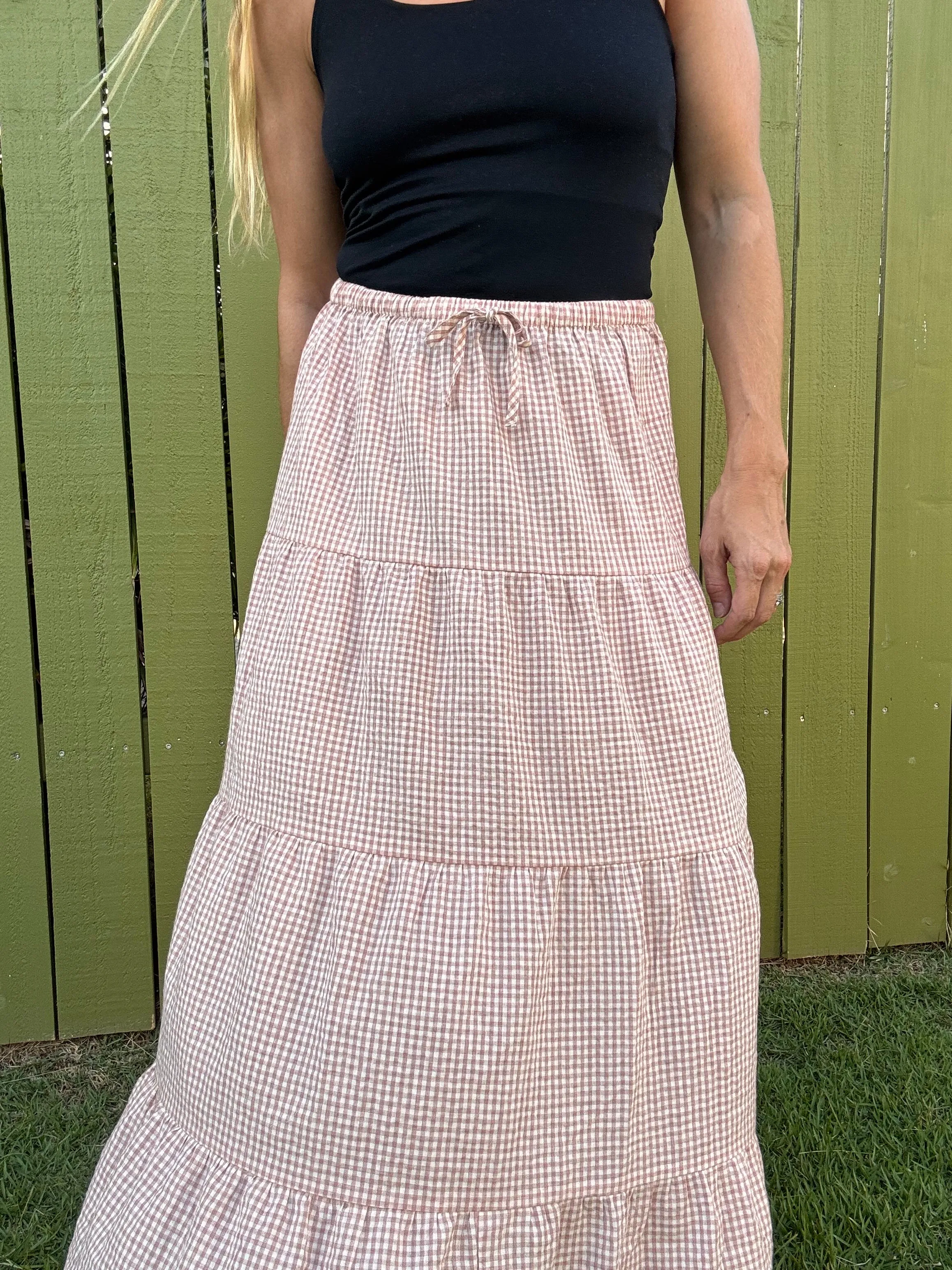 RHYTHM Lola Check Tiered Maxi Skirt - Dusty Pink