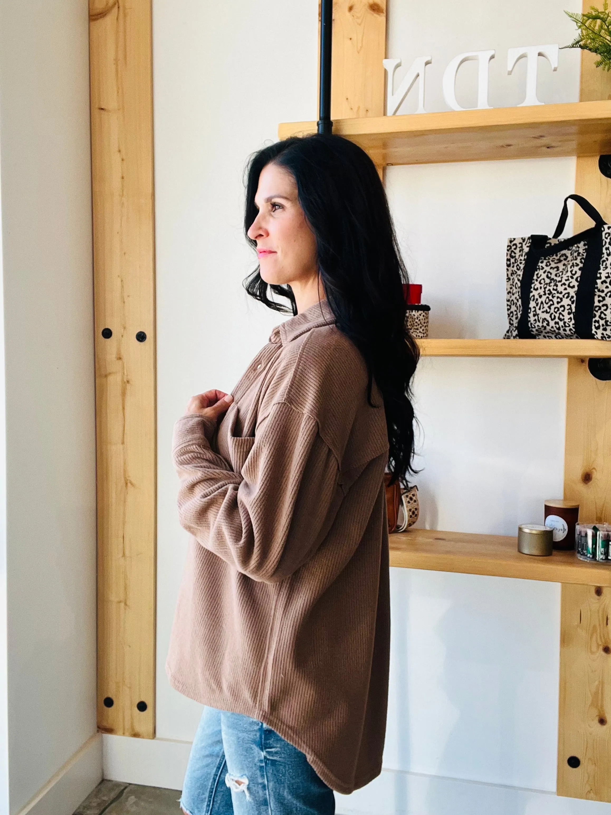 Ribbed Button Up Shacket in Mocha