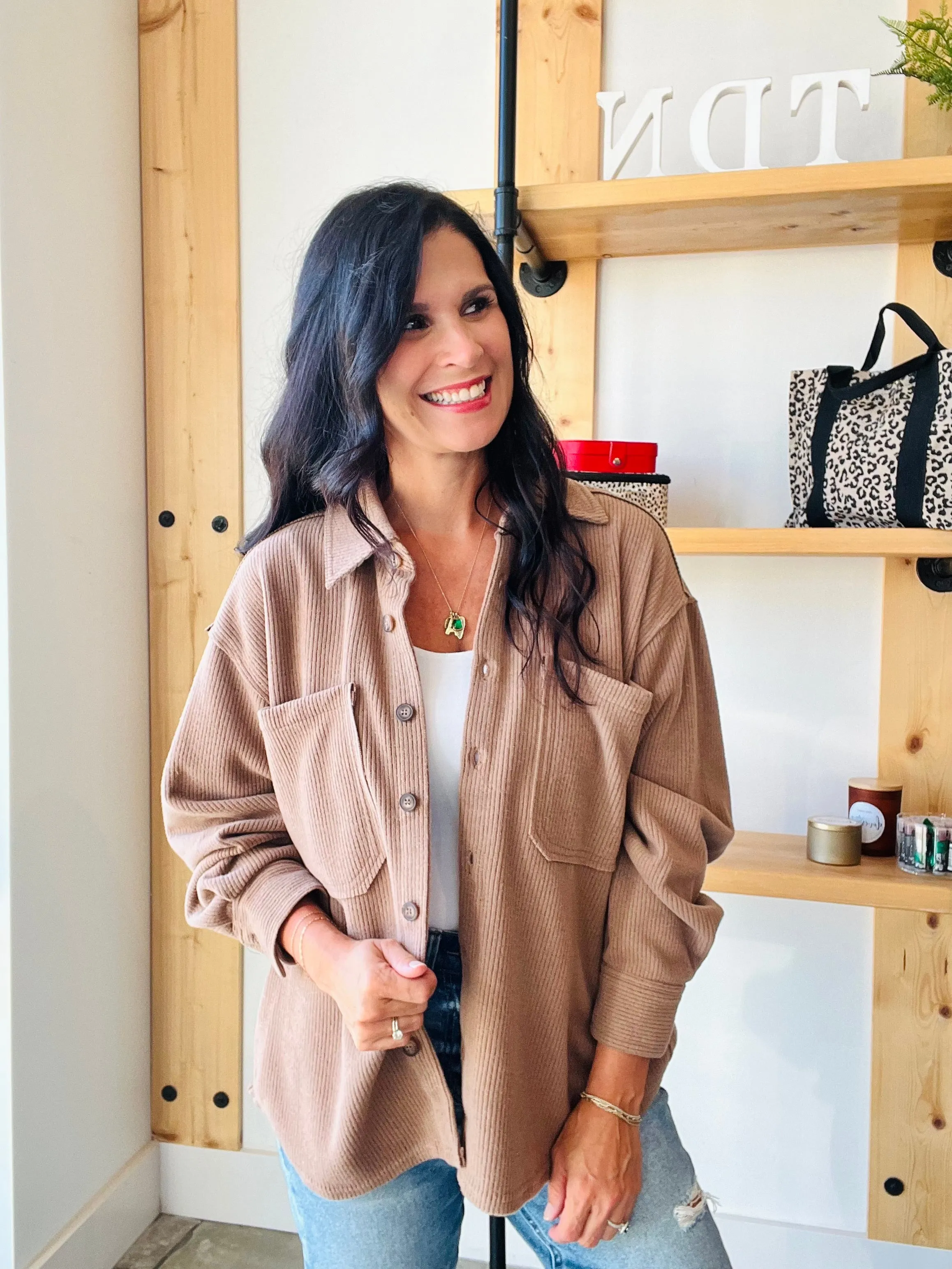 Ribbed Button Up Shacket in Mocha