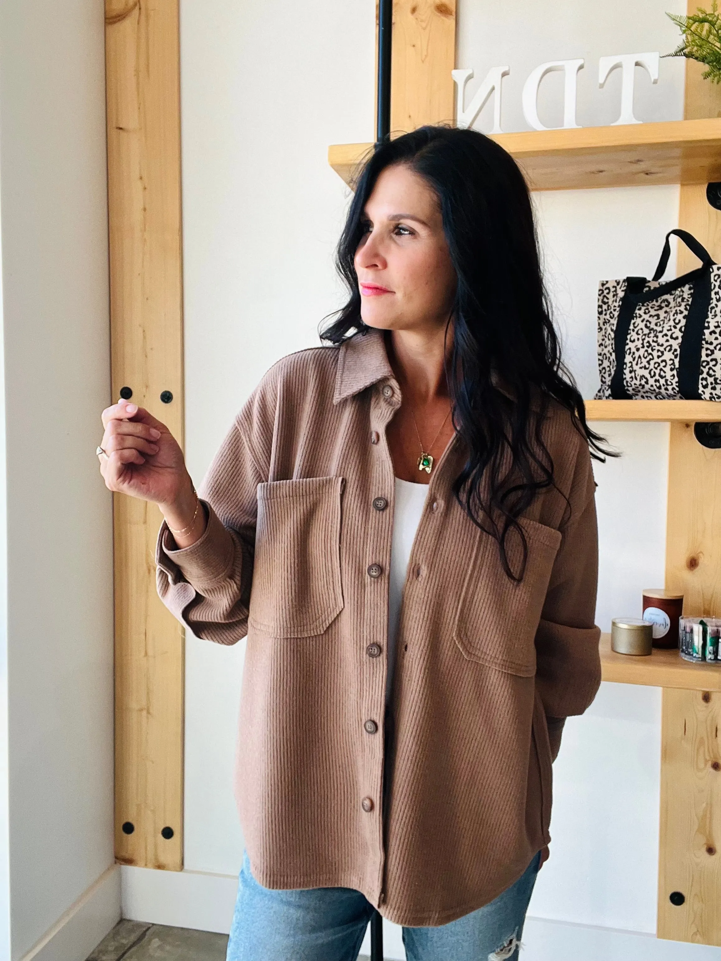 Ribbed Button Up Shacket in Mocha