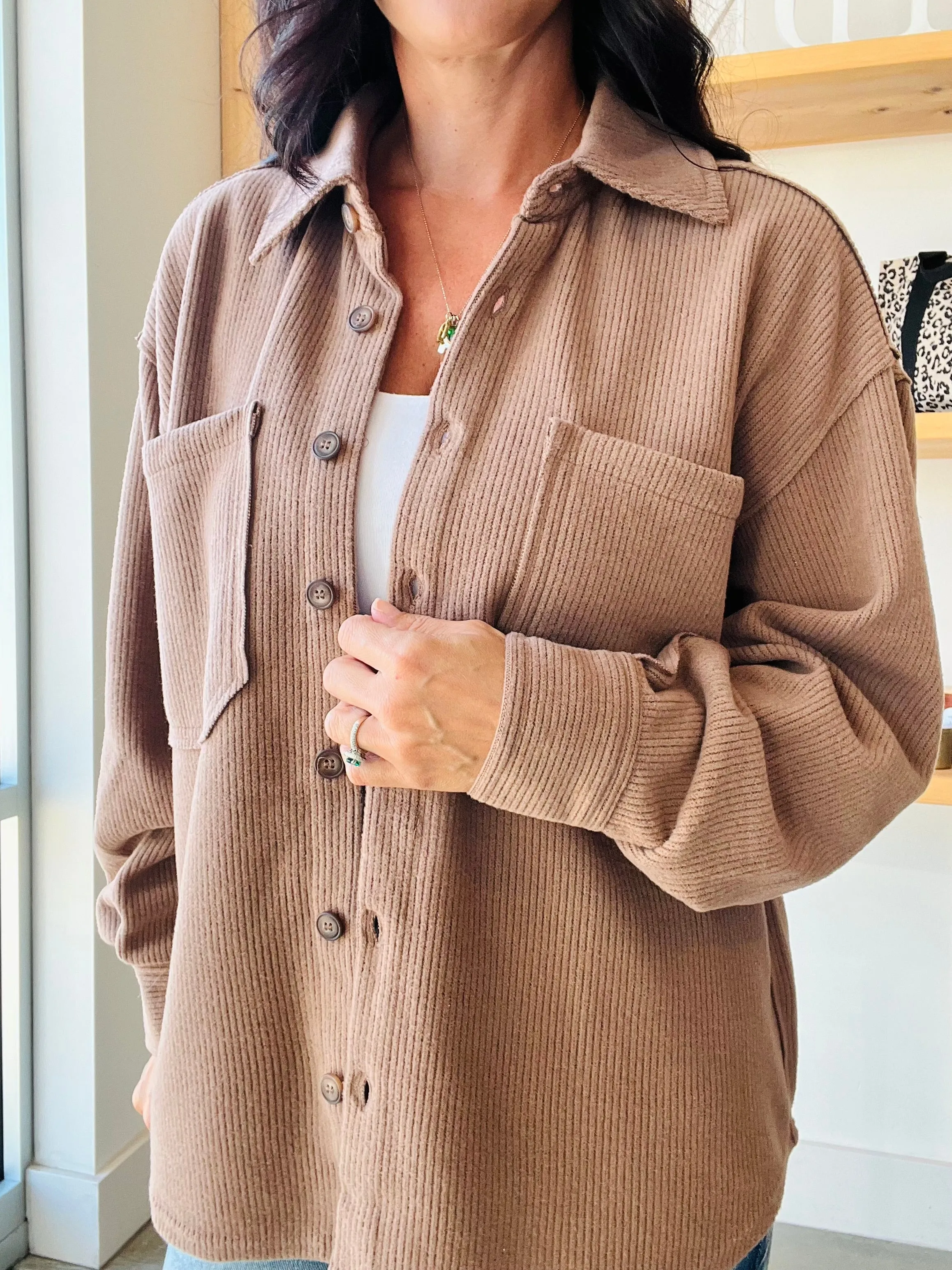 Ribbed Button Up Shacket in Mocha