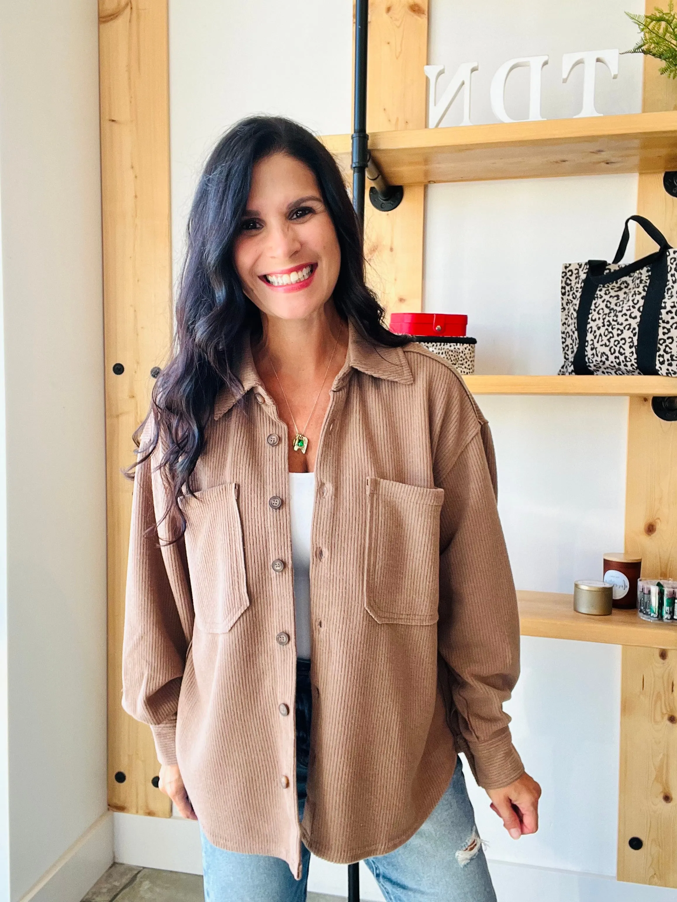 Ribbed Button Up Shacket in Mocha