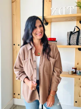 Ribbed Button Up Shacket in Mocha