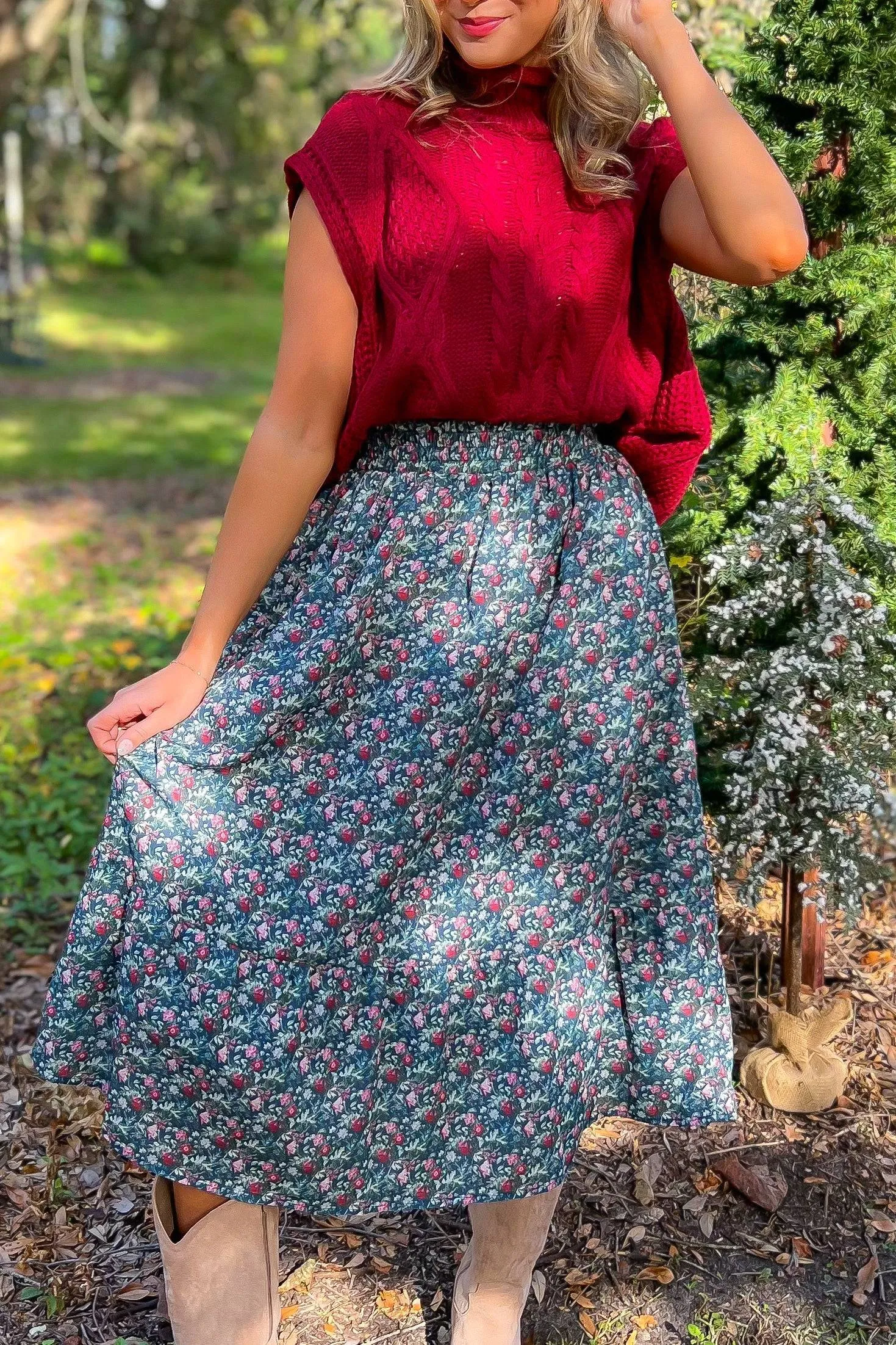 Rustic Paradise Navy Floral Midi Skirt