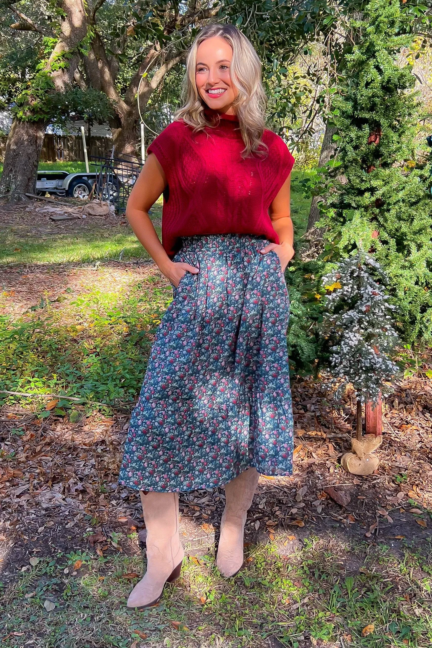 Rustic Paradise Navy Floral Midi Skirt