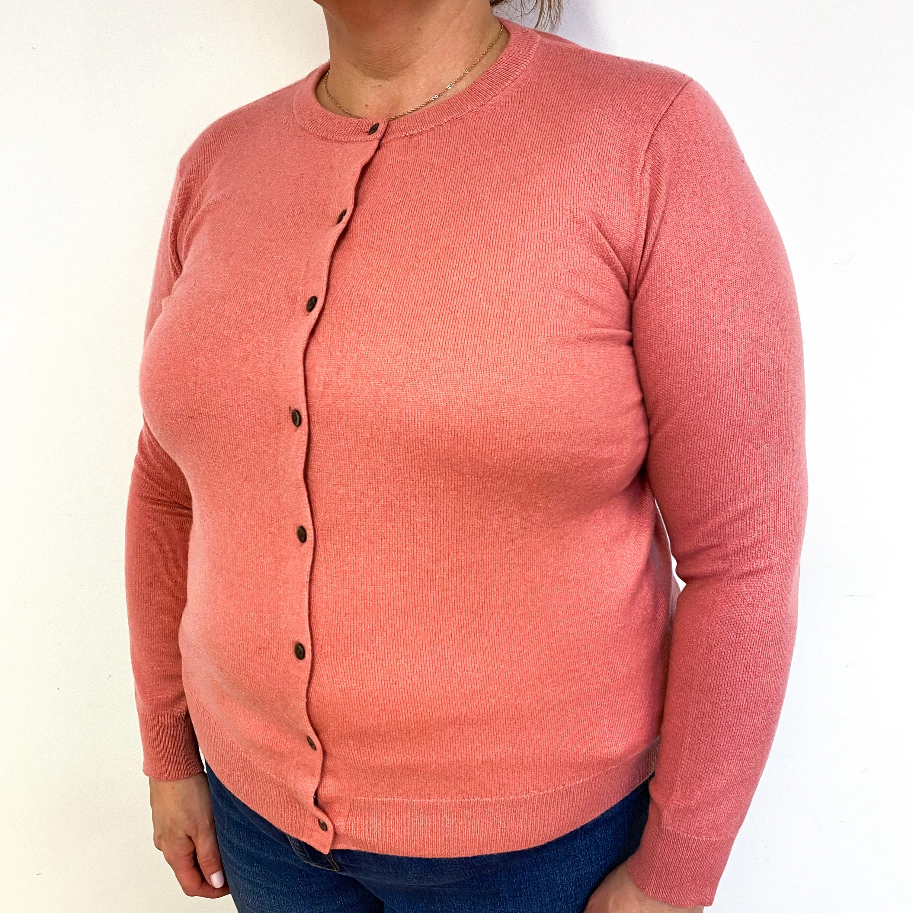 Salmon Pink Cashmere Crew Neck Cardigan Extra Large