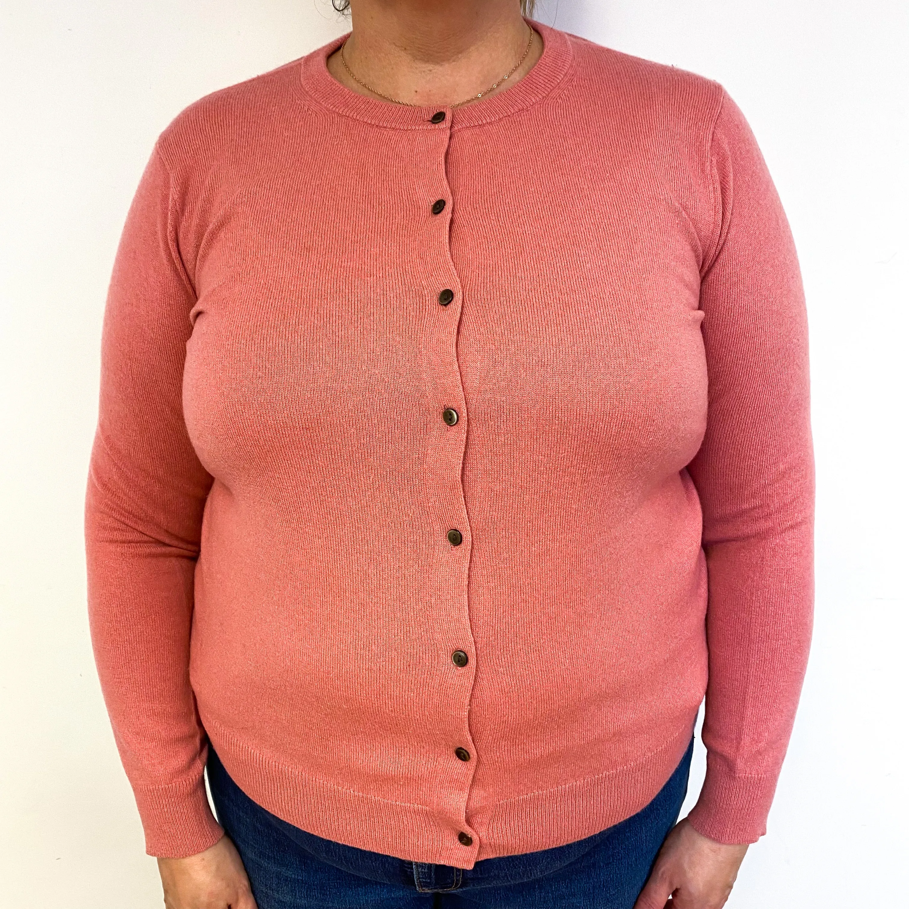 Salmon Pink Cashmere Crew Neck Cardigan Extra Large