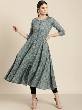 Sea Green Floral Front Open Anarkali Kurta