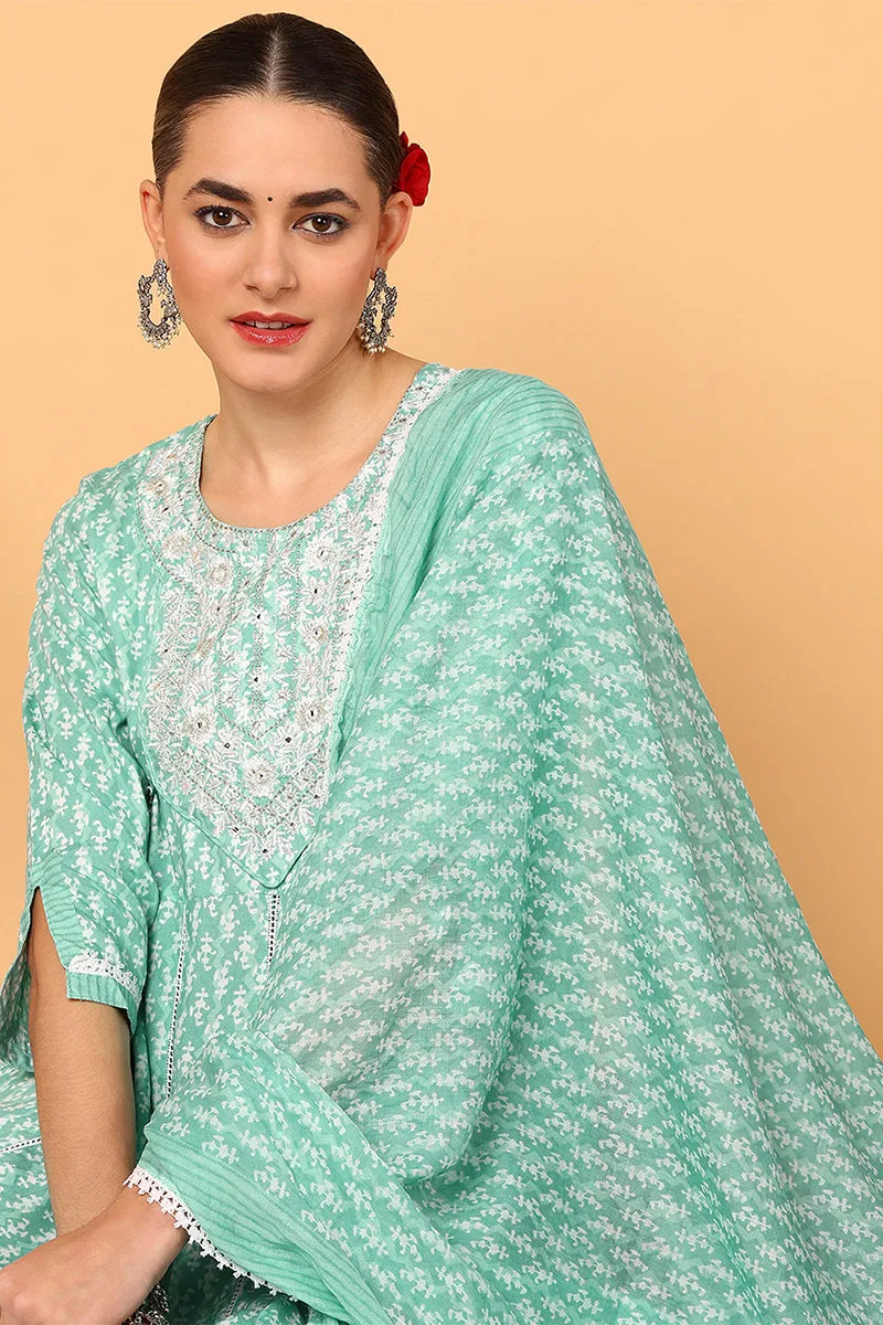 Sea Green Viscose Rayon Ethnic Motifs Printed Flared Suit Set