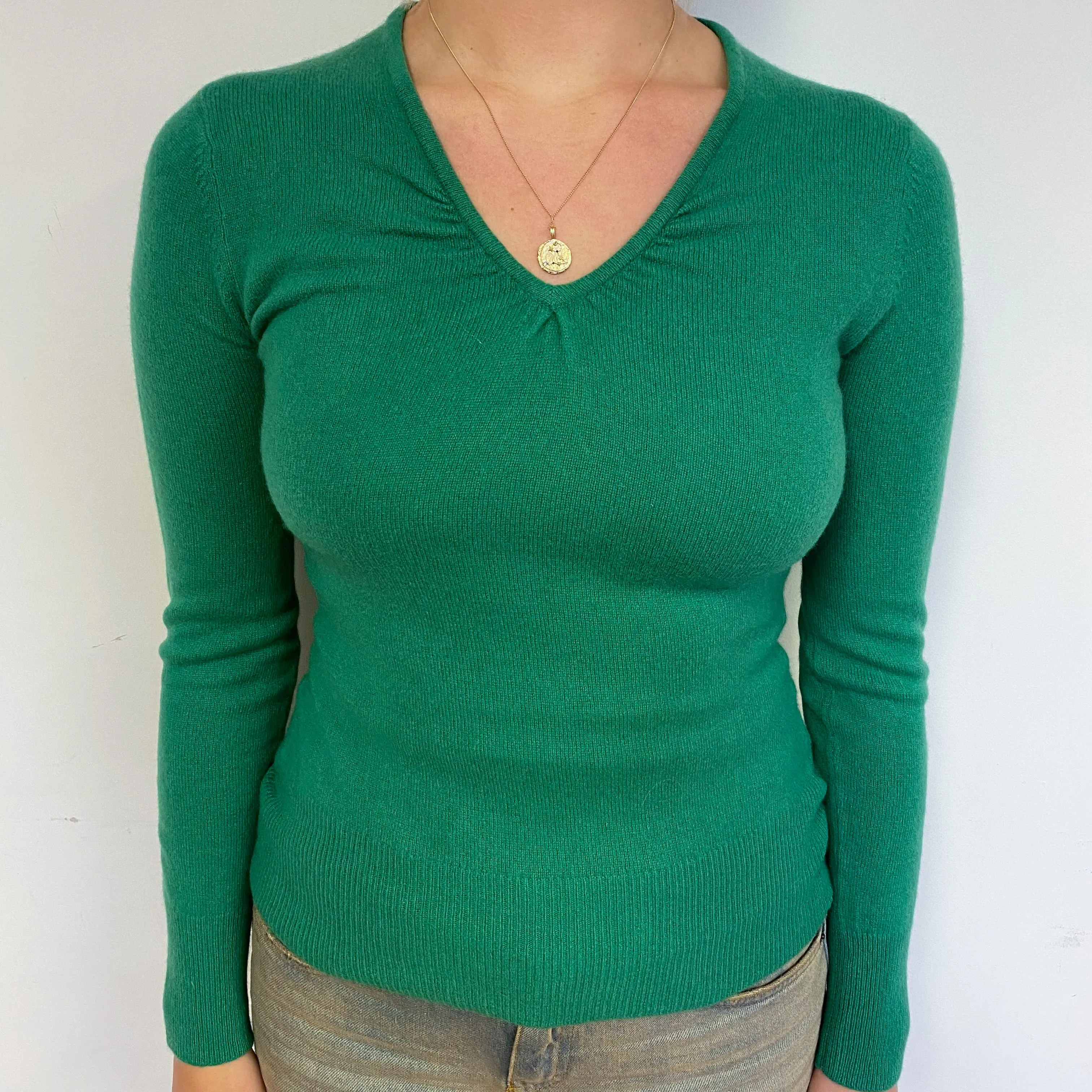 Shamrock Green Cashmere Ruched V-Neck Jumper Small