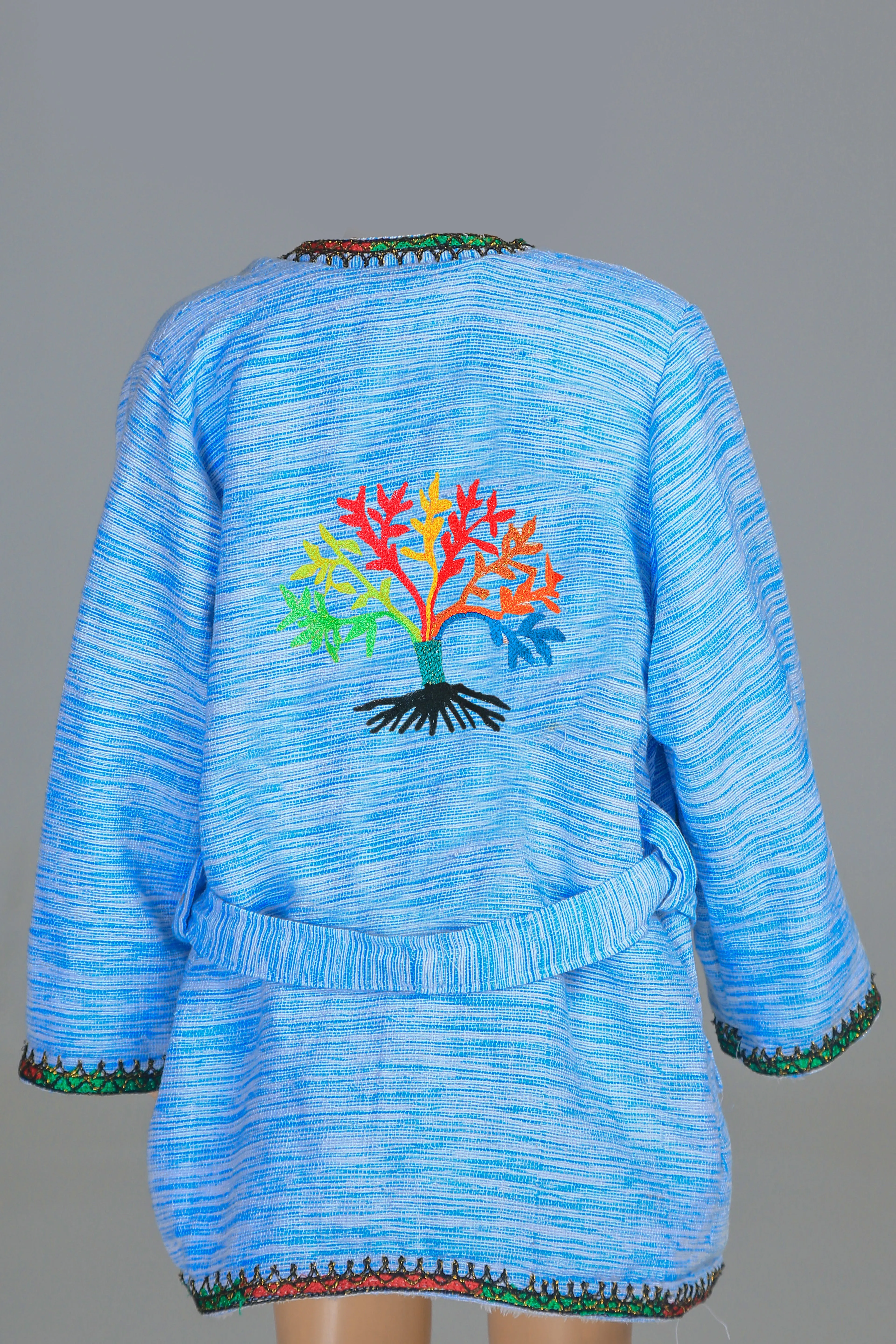 Short Collar Tree of Life Embroidery Handmade Cotten Night Robe