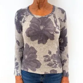 Smoke Grey Purple Floral Cashmere Crew Neck Jumper Medium