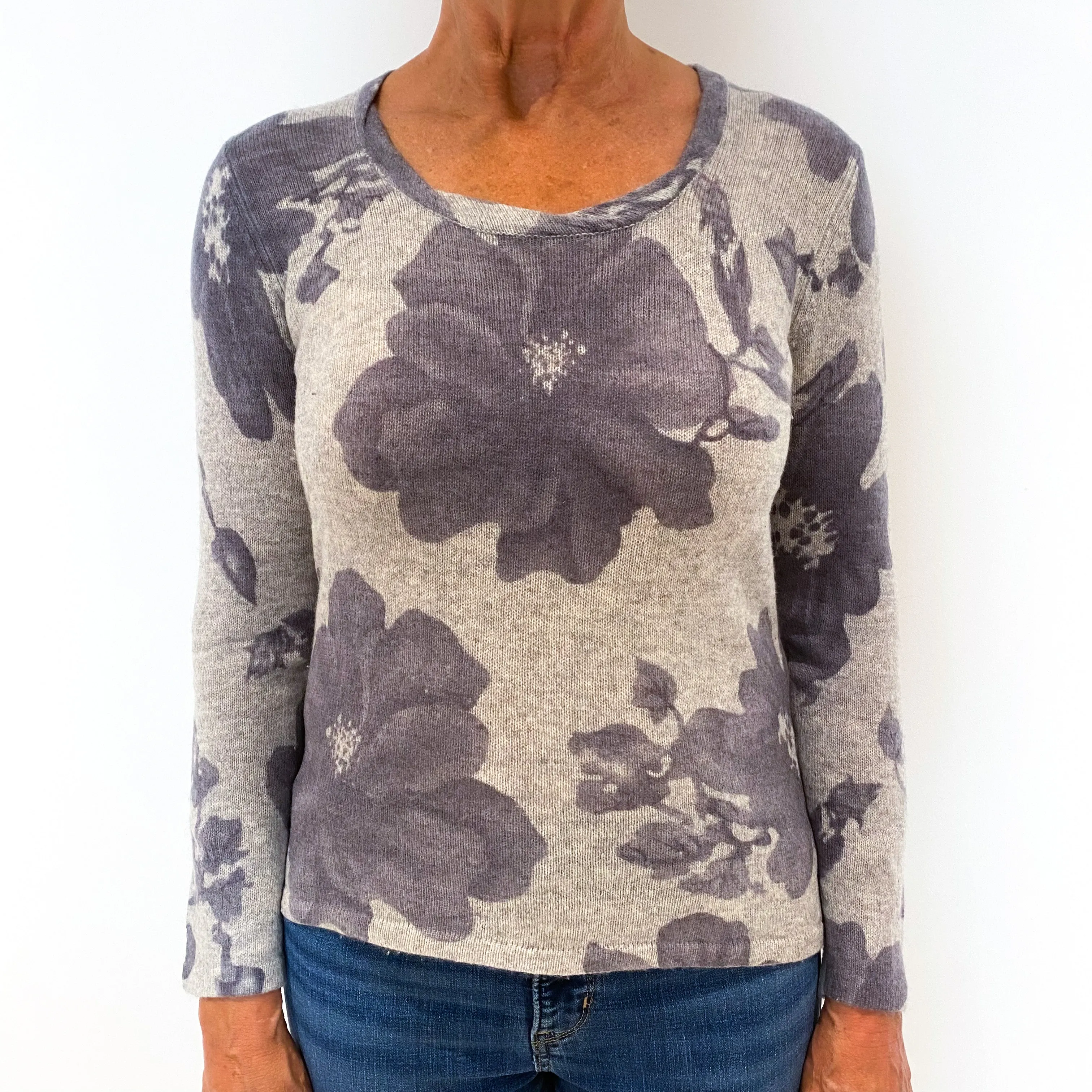 Smoke Grey Purple Floral Cashmere Crew Neck Jumper Medium