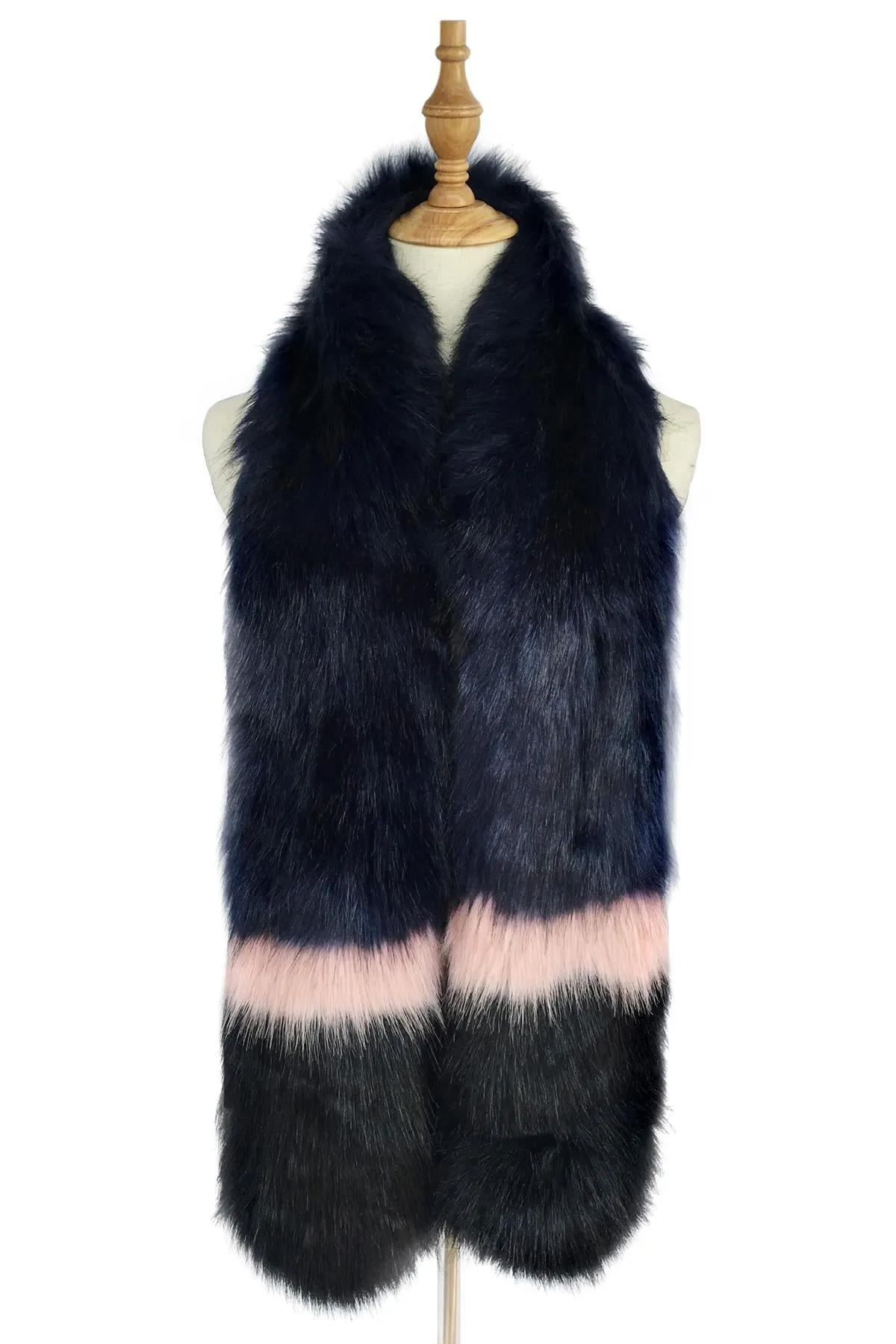 Stripe Long Faux Fur Collar - Navy Blue