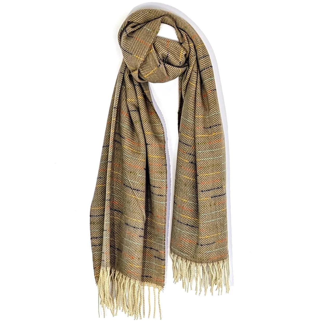 Subtle herringbone scarf with multi coloured fleck and twisted tassels