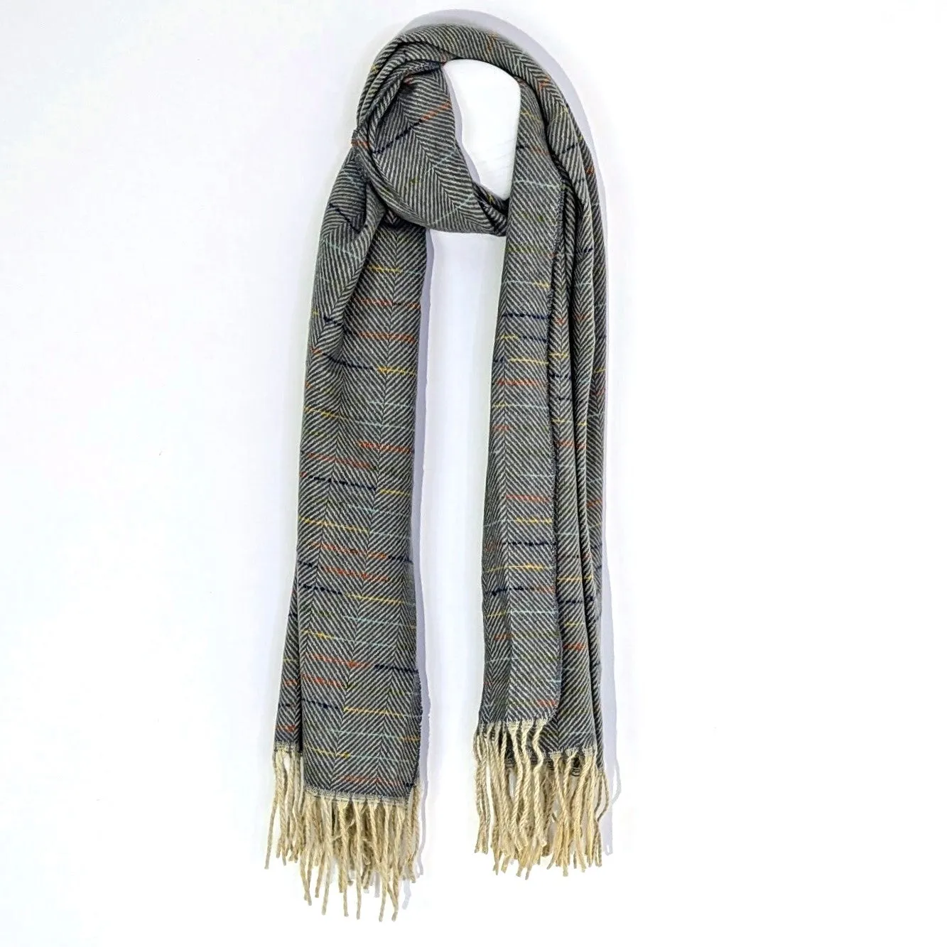 Subtle herringbone scarf with multi coloured fleck and twisted tassels