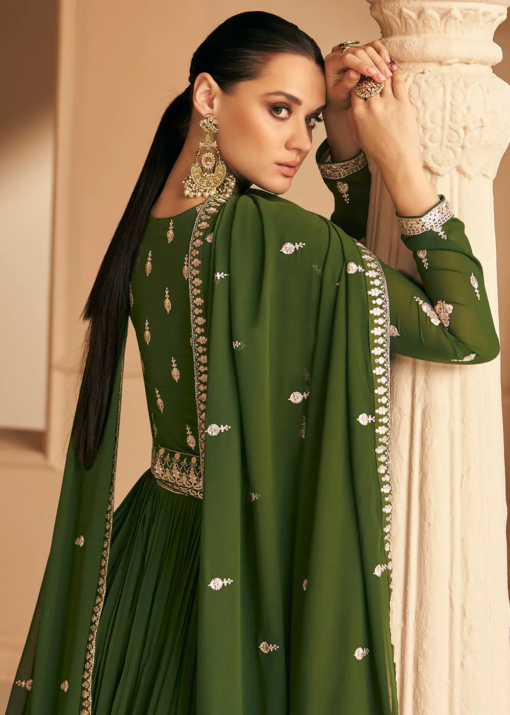 Tempting Real Georgette Green Wedding Wear Anarkali Suit
