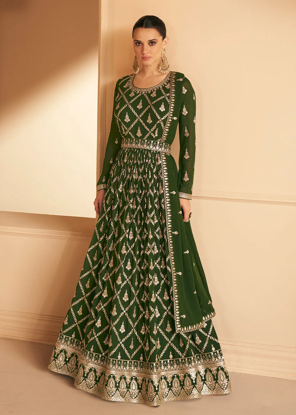 Tempting Real Georgette Green Wedding Wear Anarkali Suit